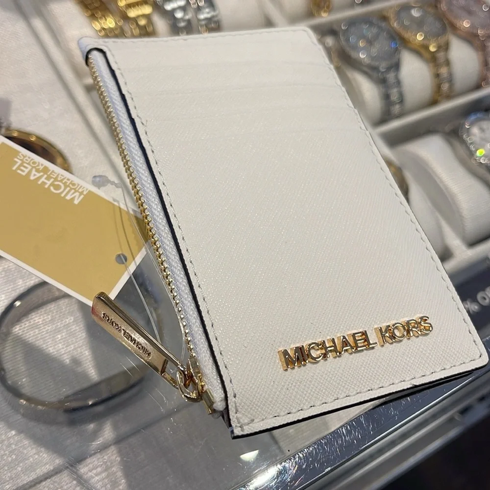 MICHAEL KORS Jet Set Travel Md Top Zip Leather Card Case Wallet Optic White